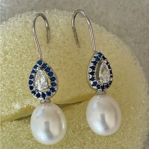 Beautiful white Lever back Pearl & blue Stone Earrings from Beijing.